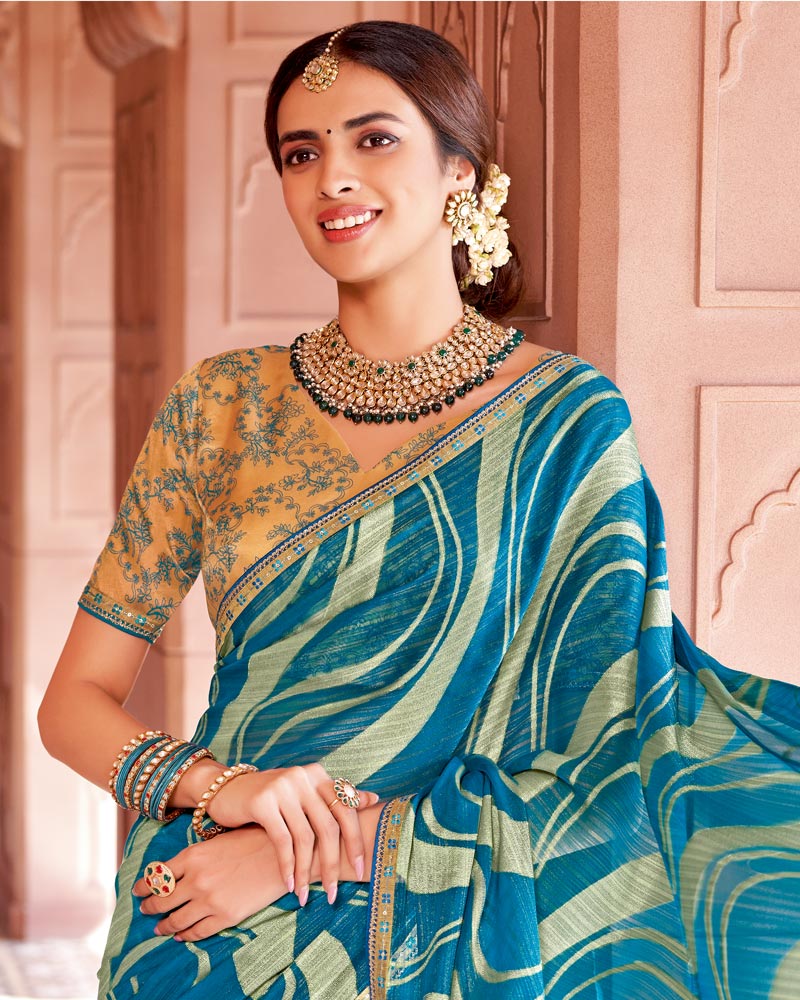 Vishal Prints Venice Blue Designer Zari-Brasso Saree With Fancy Embroidery-Gota Patti Border