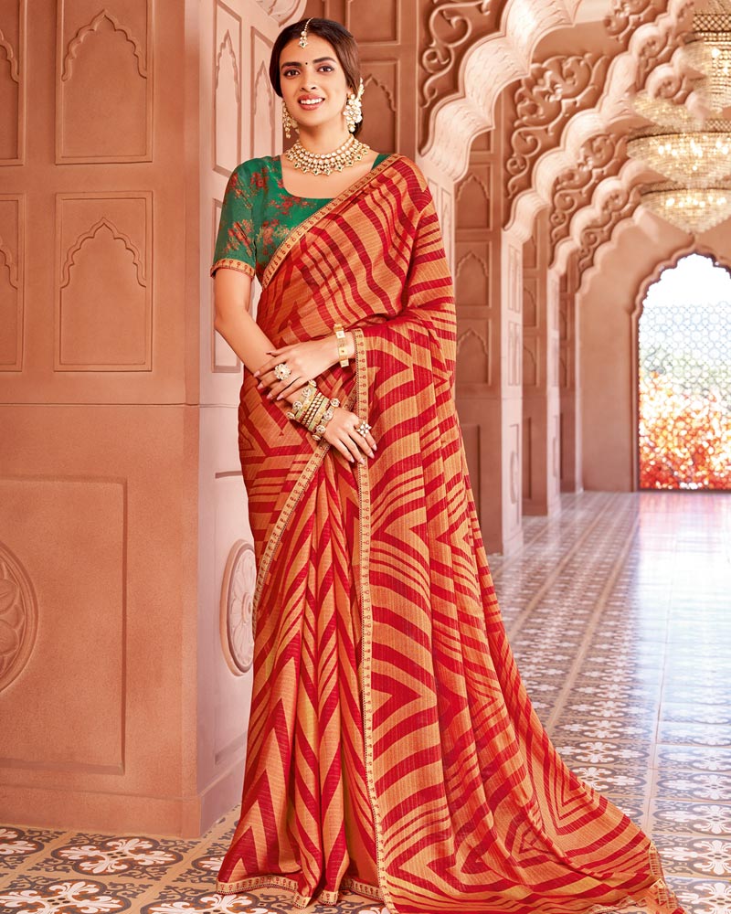 Vishal Prints Scarlet Red Designer Zari-Brasso Saree With Fancy Embroidery-Gota Patti Border