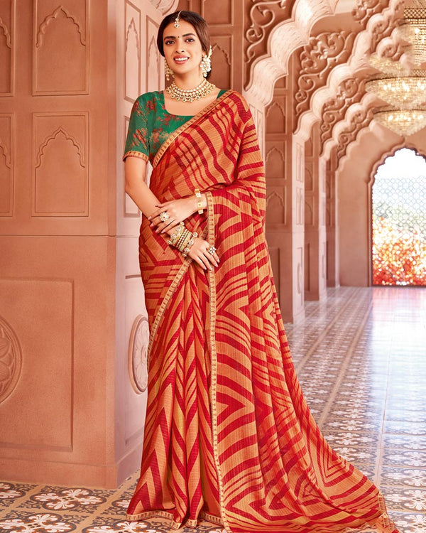 Vishal Prints Scarlet Red Designer Zari-Brasso Saree With Fancy Embroidery-Gota Patti Border