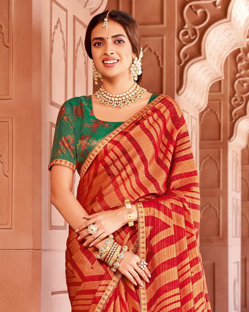 Vishal Prints Scarlet Red Designer Zari-Brasso Saree With Fancy Embroidery-Gota Patti Border