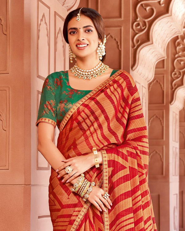 Vishal Prints Scarlet Red Designer Zari-Brasso Saree With Fancy Embroidery-Gota Patti Border