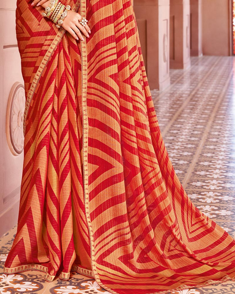 Vishal Prints Scarlet Red Designer Zari-Brasso Saree With Fancy Embroidery-Gota Patti Border