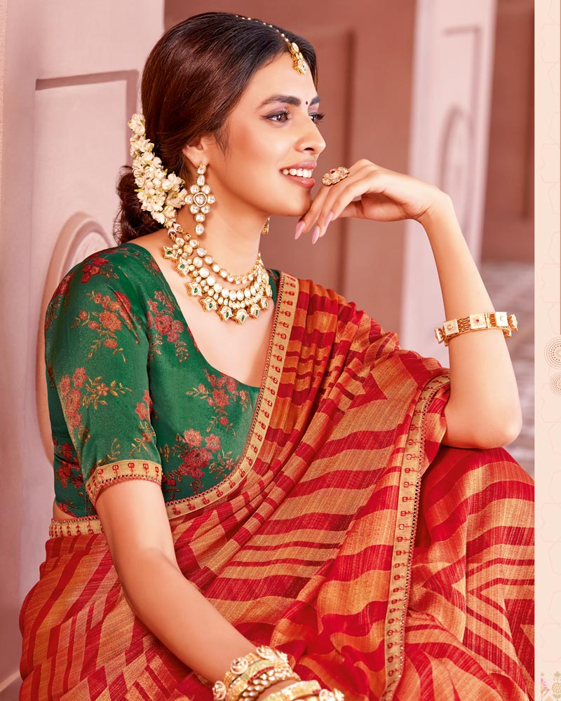 Vishal Prints Scarlet Red Designer Zari-Brasso Saree With Fancy Embroidery-Gota Patti Border