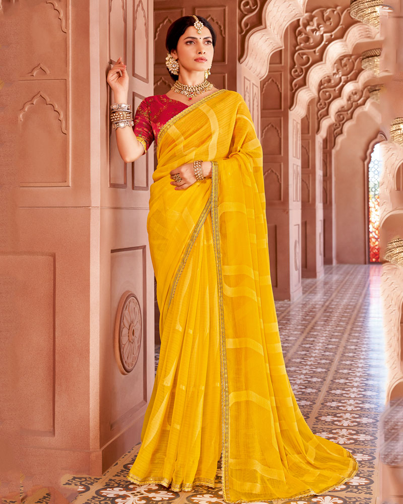 Vishal Prints Golden Yellow Designer Zari-Brasso Saree With Fancy Embroidery-Gota Patti Border