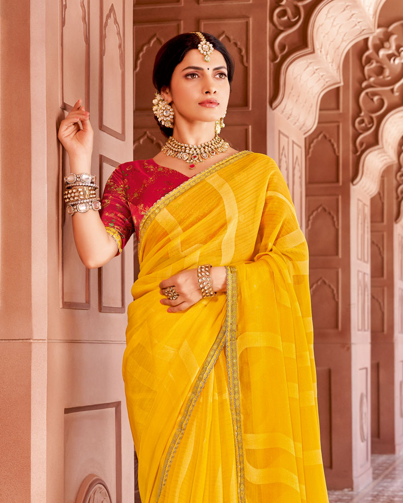 Vishal Prints Golden Yellow Designer Zari-Brasso Saree With Fancy Embroidery-Gota Patti Border