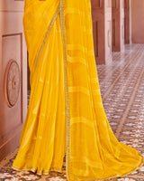 Vishal Prints Golden Yellow Designer Zari-Brasso Saree With Fancy Embroidery-Gota Patti Border