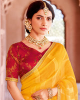 Vishal Prints Golden Yellow Designer Zari-Brasso Saree With Fancy Embroidery-Gota Patti Border