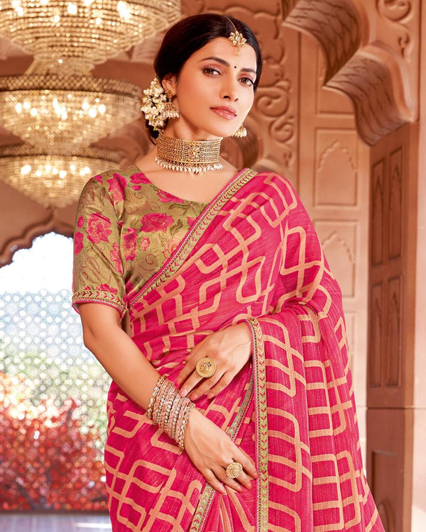 Vishal Prints Carmine Pink Designer Zari-Brasso Saree With Fancy Embroidery-Gota Patti Border