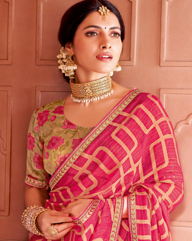 Vishal Prints Carmine Pink Designer Zari-Brasso Saree With Fancy Embroidery-Gota Patti Border