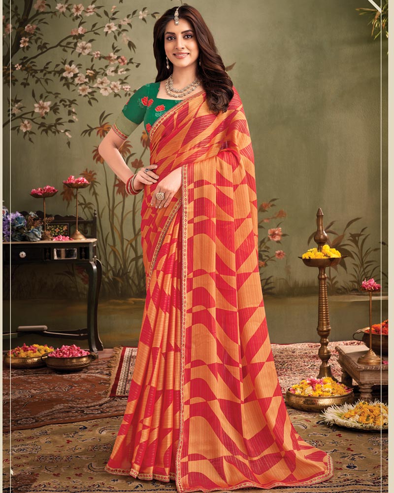 Vishal Prints Faded Red Designer Zari-Brasso Saree With Fancy Embroidery-Gota Patti Border