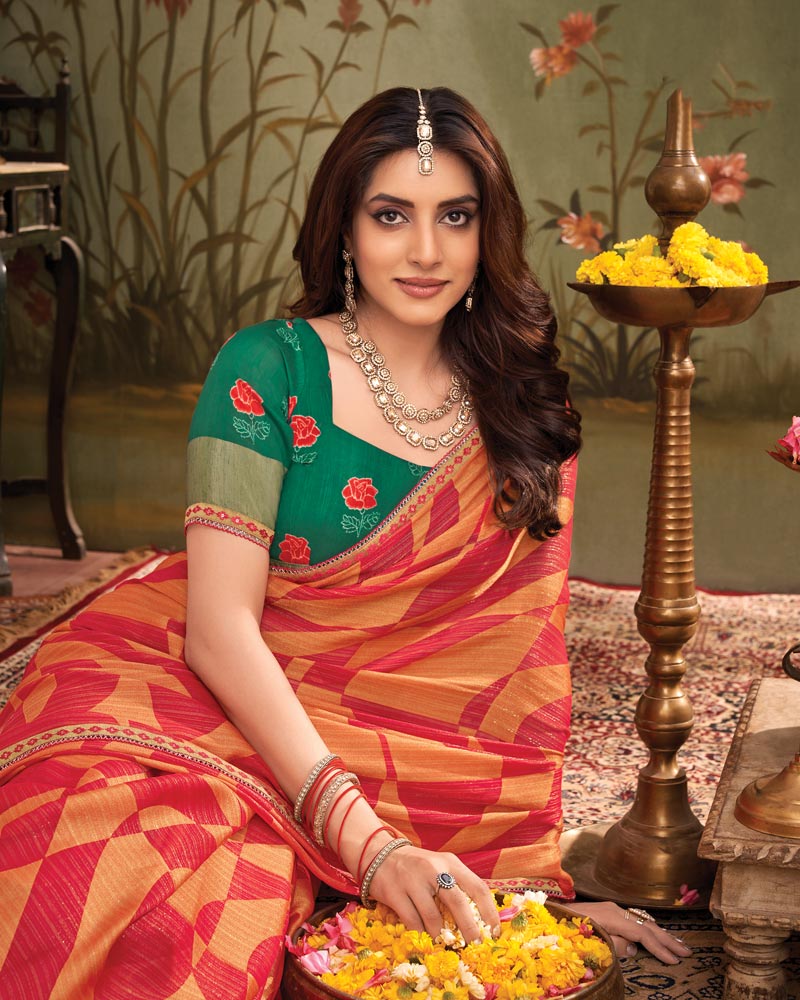 Vishal Prints Faded Red Designer Zari-Brasso Saree With Fancy Embroidery-Gota Patti Border