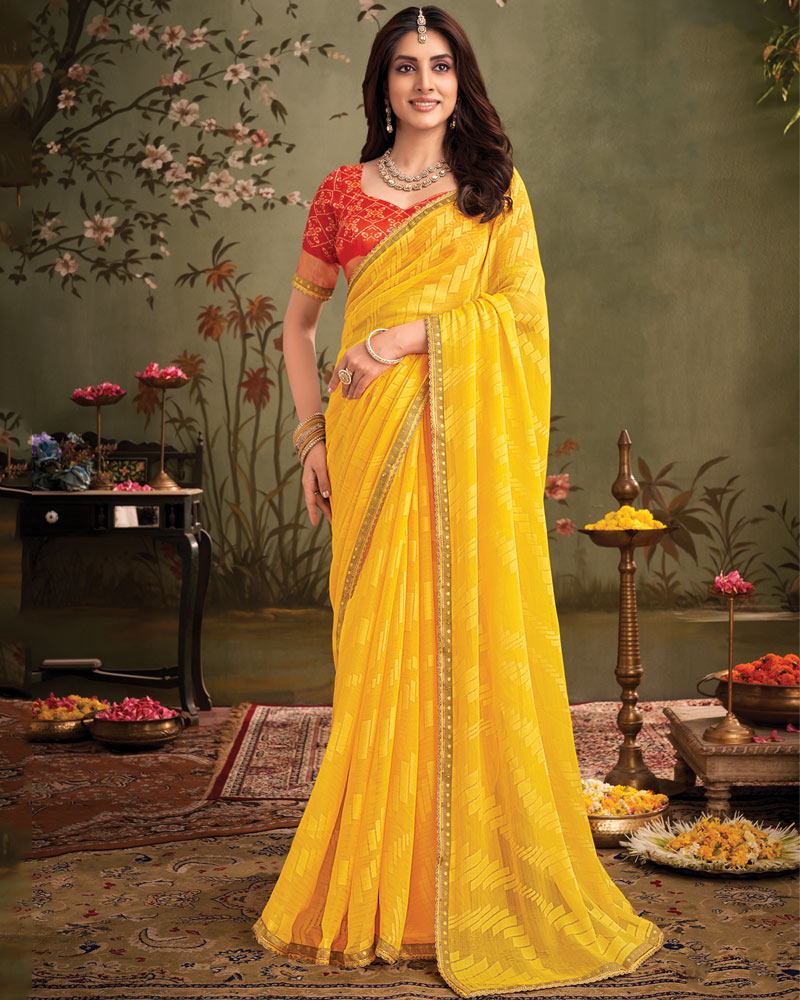 Vishal Prints Golden Yellow Designer Zari-Brasso Saree With Fancy Embroidery-Gota Patti Border