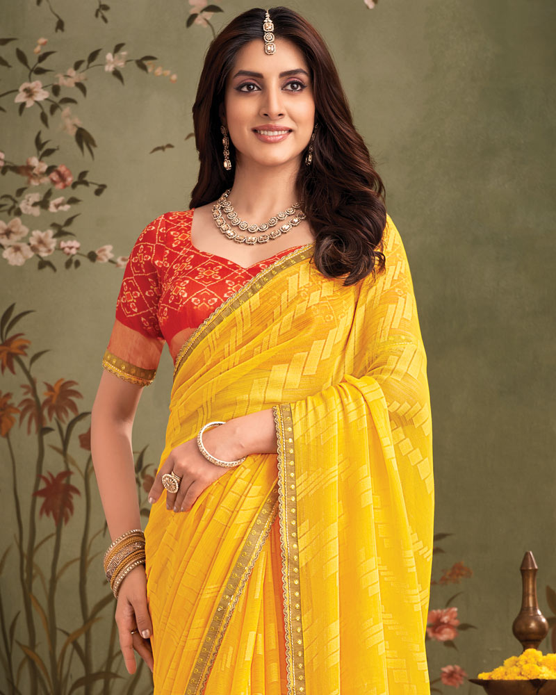 Vishal Prints Golden Yellow Designer Zari-Brasso Saree With Fancy Embroidery-Gota Patti Border