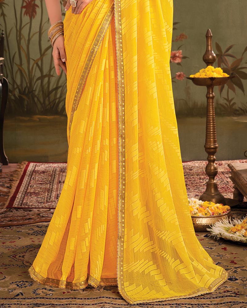 Vishal Prints Golden Yellow Designer Zari-Brasso Saree With Fancy Embroidery-Gota Patti Border