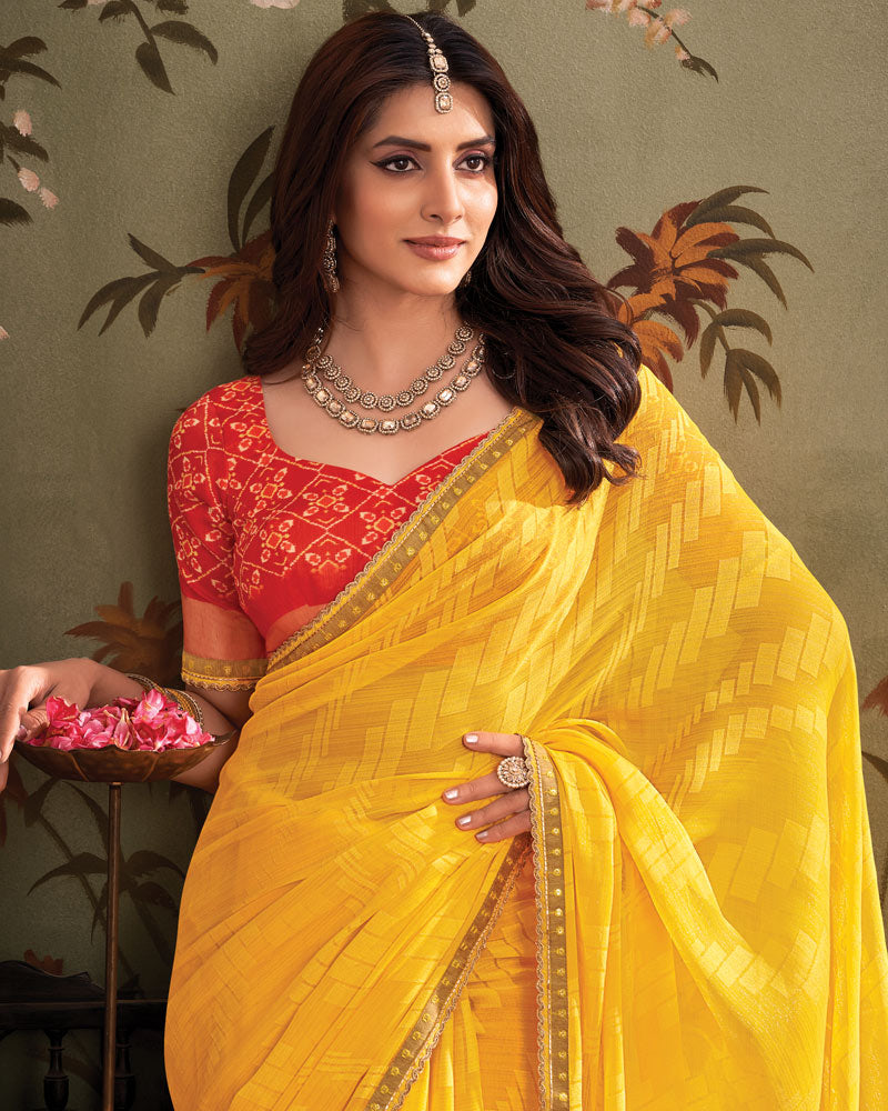 Vishal Prints Golden Yellow Designer Zari-Brasso Saree With Fancy Embroidery-Gota Patti Border