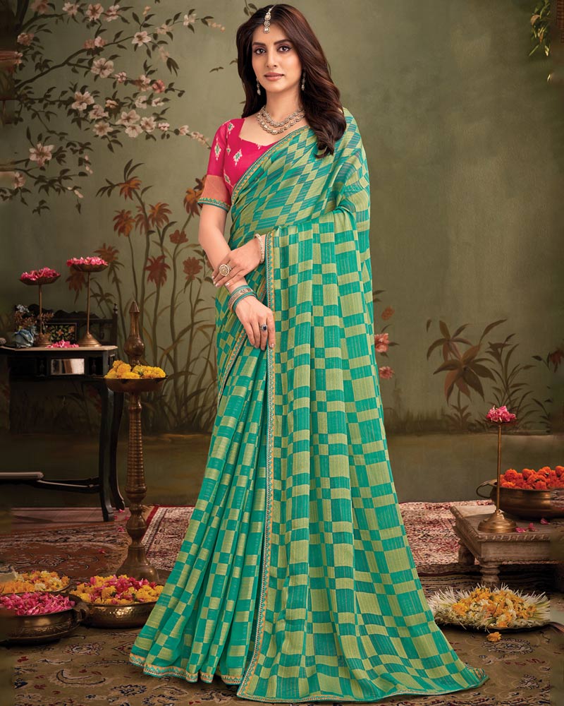Vishal Prints Persian Green Designer Zari-Brasso Saree With Fancy Embroidery-Gota Patti Border