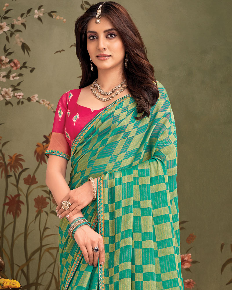 Vishal Prints Persian Green Designer Zari-Brasso Saree With Fancy Embroidery-Gota Patti Border