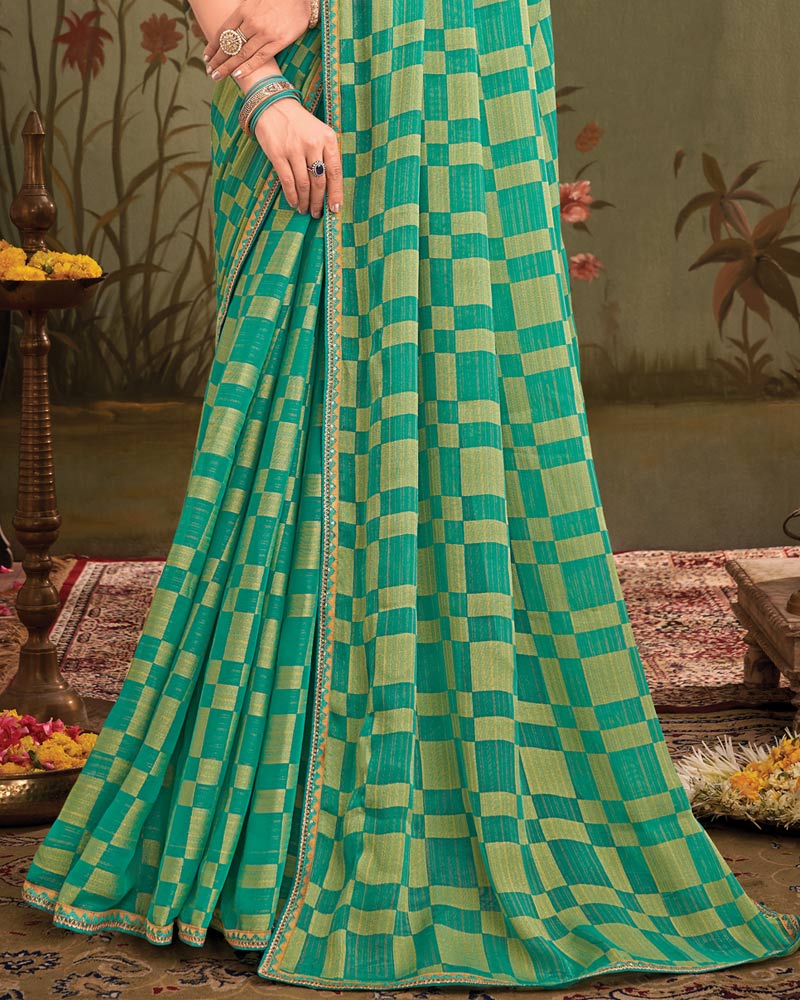 Vishal Prints Persian Green Designer Zari-Brasso Saree With Fancy Embroidery-Gota Patti Border