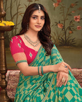 Vishal Prints Persian Green Designer Zari-Brasso Saree With Fancy Embroidery-Gota Patti Border