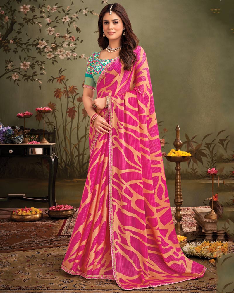Vishal Prints Royal Fuchsia Designer Zari-Brasso Saree With Fancy Embroidery-Gota Patti Border