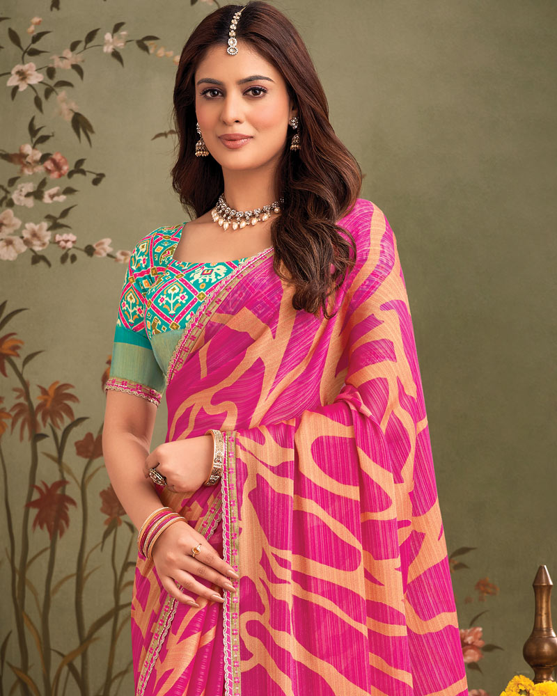 Vishal Prints Royal Fuchsia Designer Zari-Brasso Saree With Fancy Embroidery-Gota Patti Border