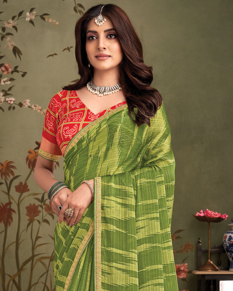 Vishal Prints Muddy Green Designer Zari-Brasso Saree With Fancy Embroidery-Gota Patti Border