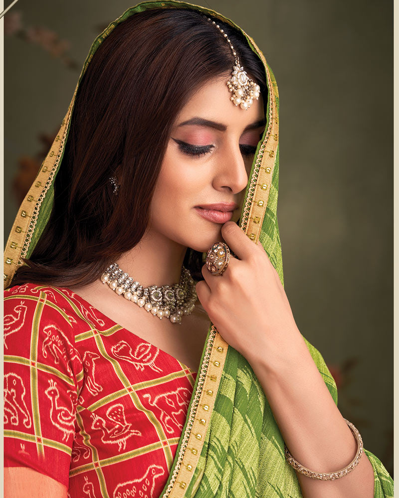 Vishal Prints Muddy Green Designer Zari-Brasso Saree With Fancy Embroidery-Gota Patti Border