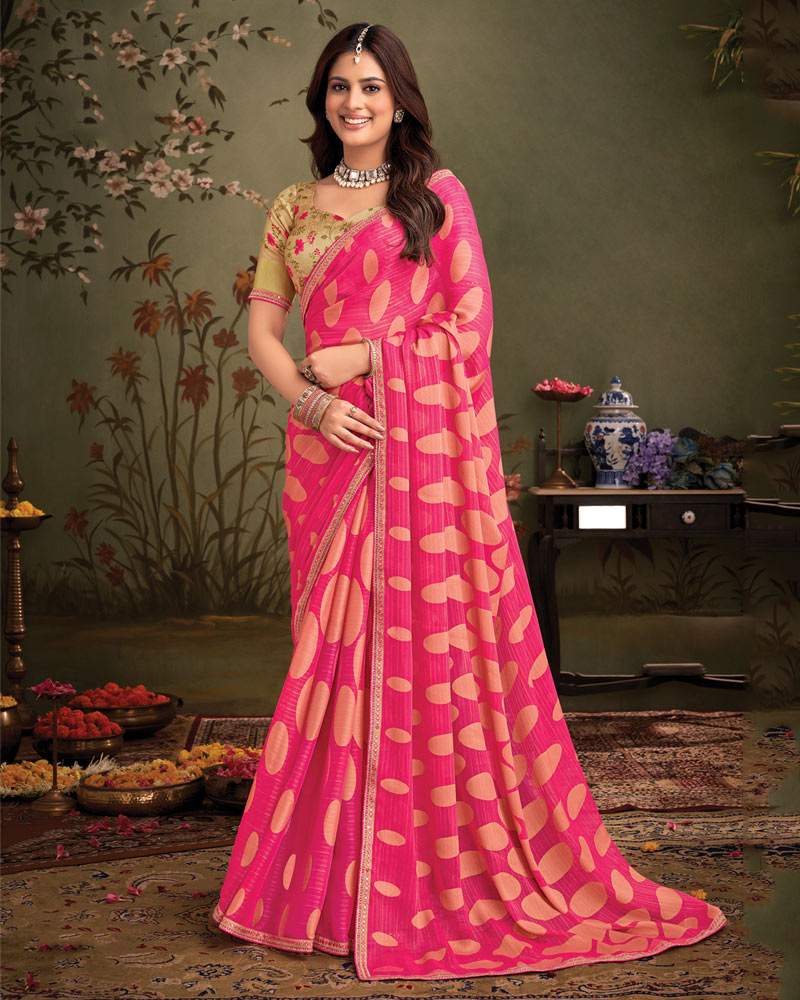 Vishal Prints Cerise Pink Designer Zari-Brasso Saree With Fancy Embroidery-Gota Patti Border