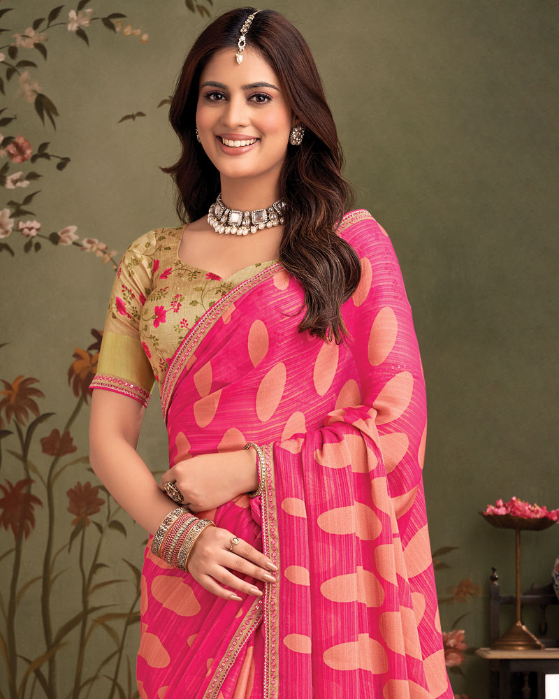 Vishal Prints Cerise Pink Designer Zari-Brasso Saree With Fancy Embroidery-Gota Patti Border