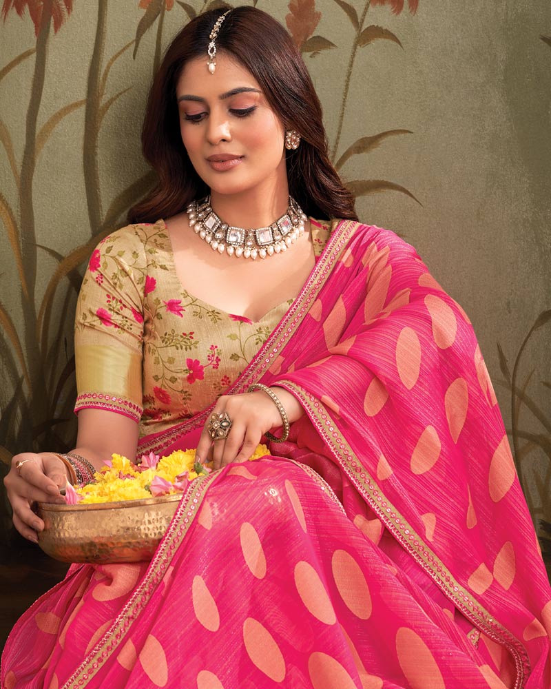 Vishal Prints Cerise Pink Designer Zari-Brasso Saree With Fancy Embroidery-Gota Patti Border