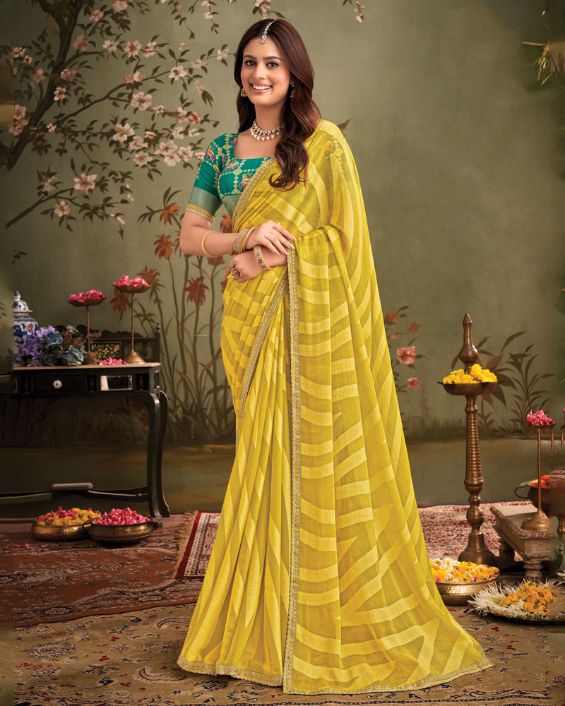 Vishal Prints Yellow Ochre Designer Zari-Brasso Saree With Fancy Embroidery-Gota Patti Border
