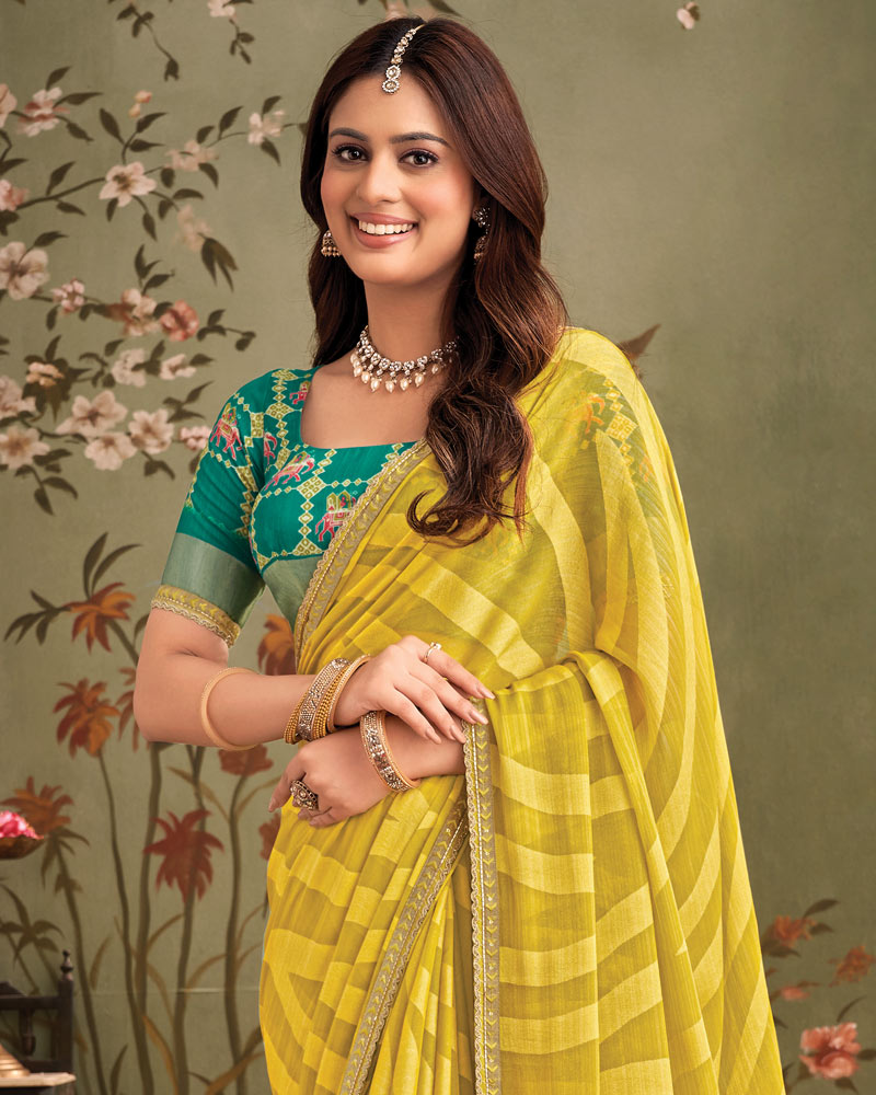 Vishal Prints Yellow Ochre Designer Zari-Brasso Saree With Fancy Embroidery-Gota Patti Border