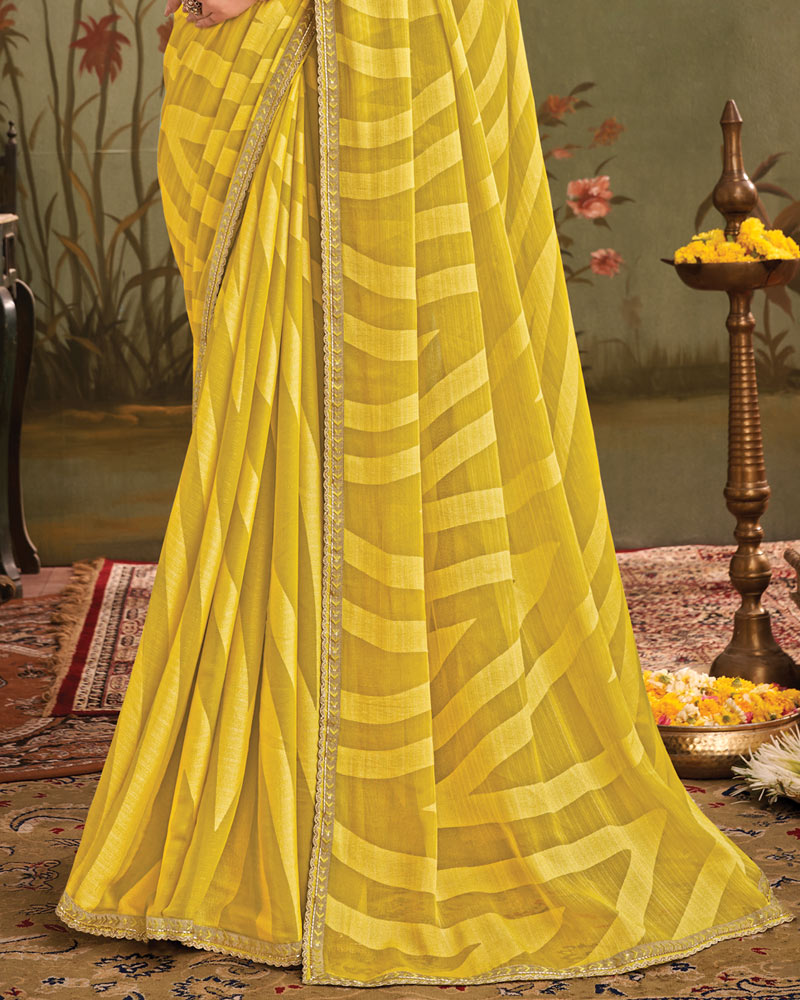 Vishal Prints Yellow Ochre Designer Zari-Brasso Saree With Fancy Embroidery-Gota Patti Border