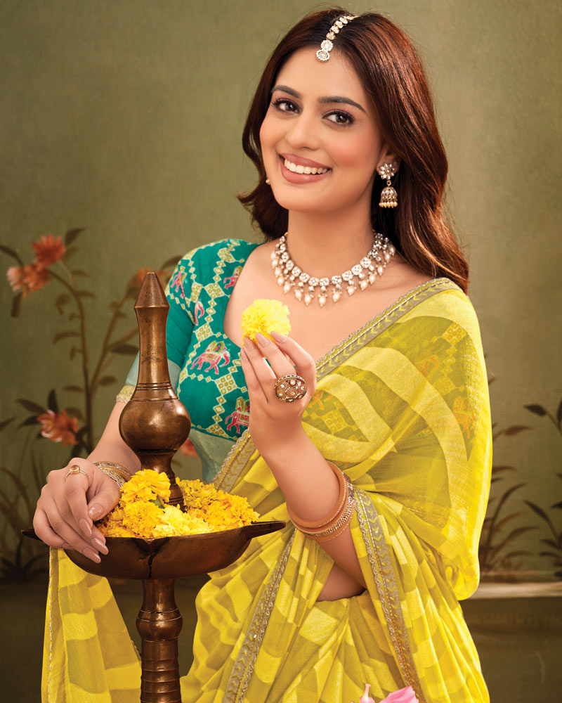 Vishal Prints Yellow Ochre Designer Zari-Brasso Saree With Fancy Embroidery-Gota Patti Border