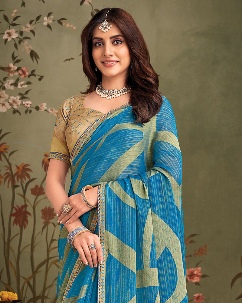 Vishal Prints French Blue Designer Zari-Brasso Saree With Fancy Embroidery-Gota Patti Border