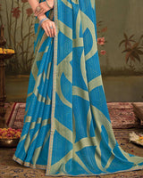 Vishal Prints French Blue Designer Zari-Brasso Saree With Fancy Embroidery-Gota Patti Border