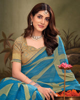 Vishal Prints French Blue Designer Zari-Brasso Saree With Fancy Embroidery-Gota Patti Border