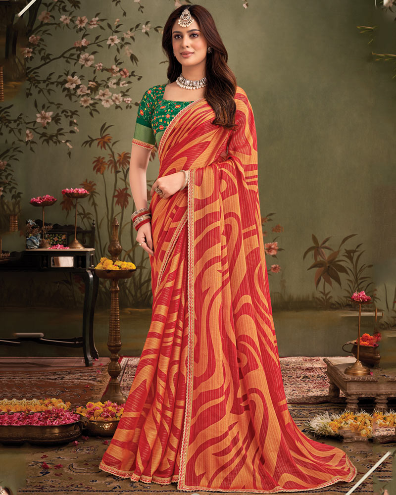 Vishal Prints Pastel Red Designer Zari-Brasso Saree With Fancy Embroidery-Gota Patti Border