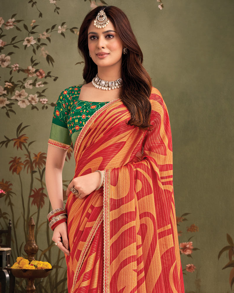 Vishal Prints Pastel Red Designer Zari-Brasso Saree With Fancy Embroidery-Gota Patti Border