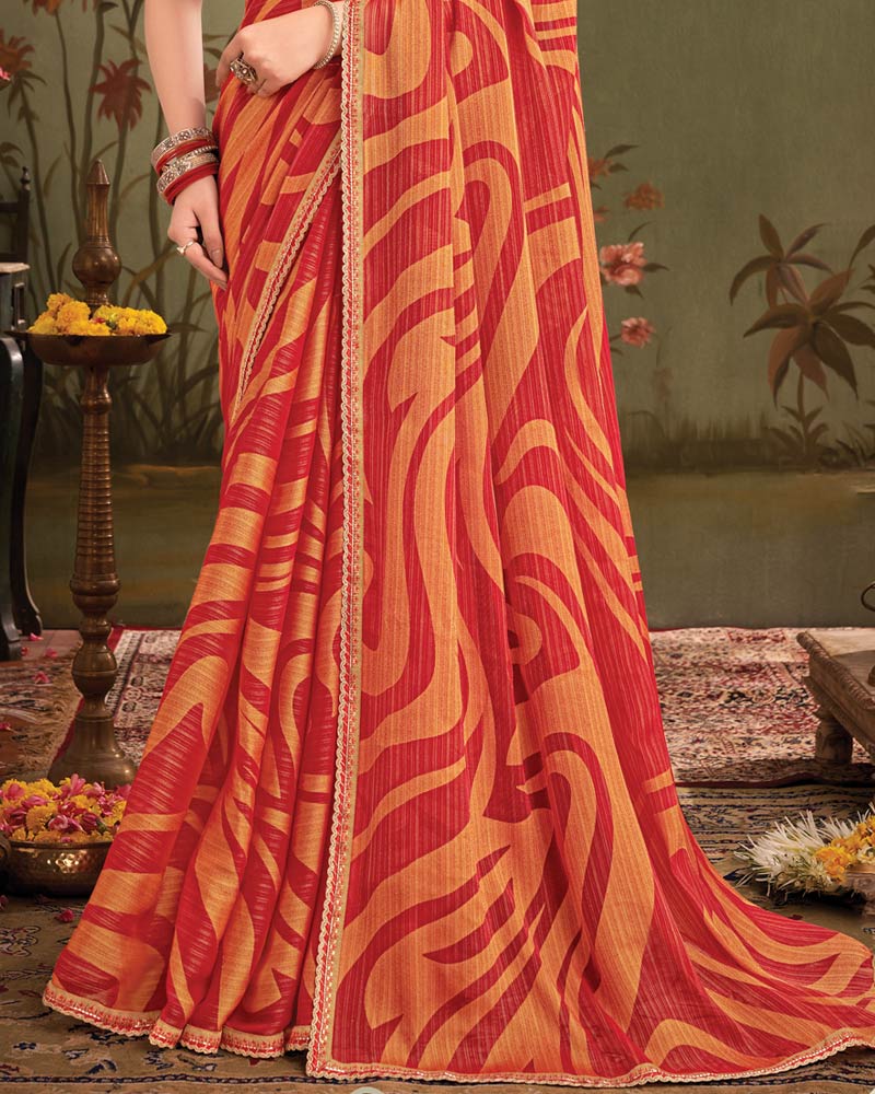 Vishal Prints Pastel Red Designer Zari-Brasso Saree With Fancy Embroidery-Gota Patti Border
