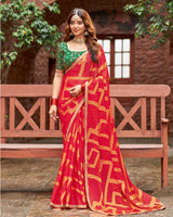 Vishal Prints Venetian Red Designer Zari-Brasso Saree With Fancy Embroidery-Gota Patti Border