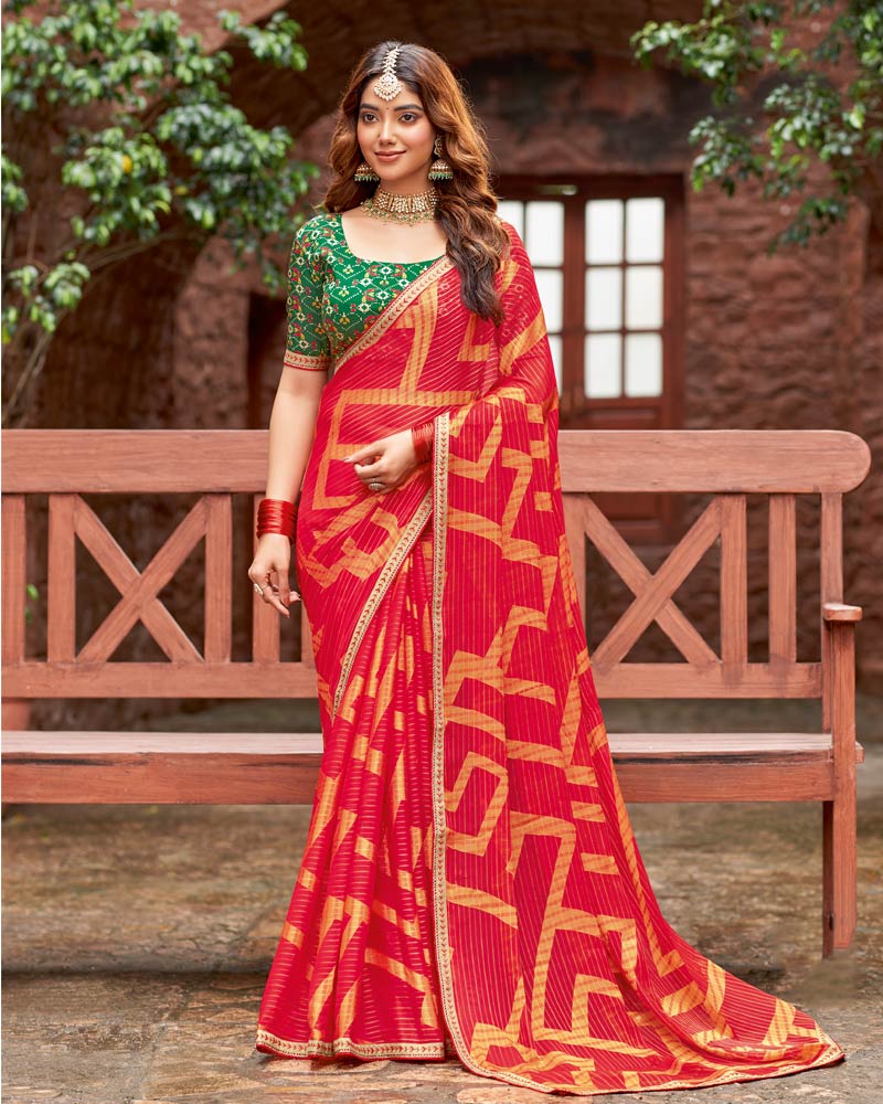 Vishal Prints Venetian Red Designer Zari-Brasso Saree With Fancy Embroidery-Gota Patti Border