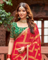 Vishal Prints Venetian Red Designer Zari-Brasso Saree With Fancy Embroidery-Gota Patti Border