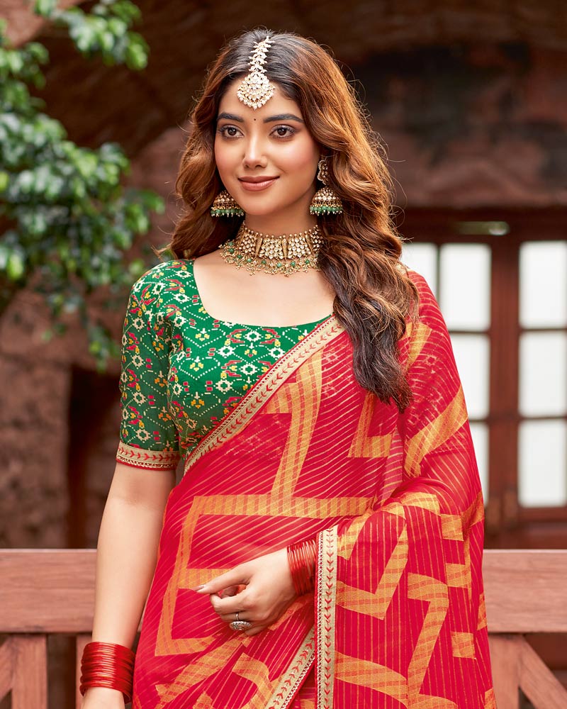 Vishal Prints Venetian Red Designer Zari-Brasso Saree With Fancy Embroidery-Gota Patti Border