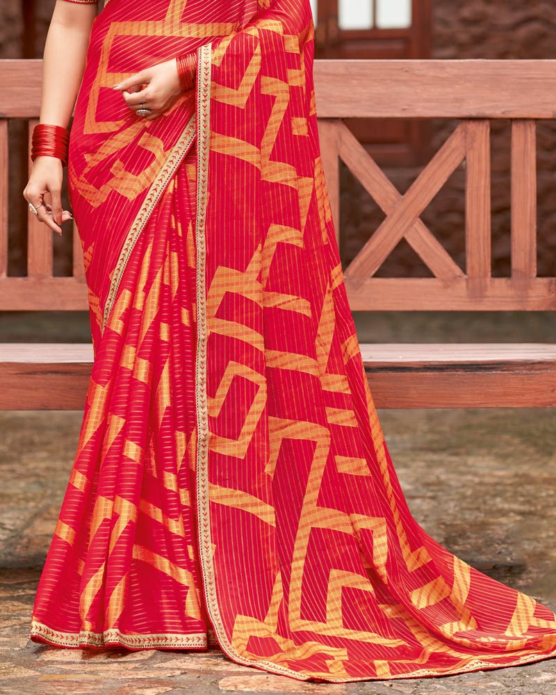 Vishal Prints Venetian Red Designer Zari-Brasso Saree With Fancy Embroidery-Gota Patti Border