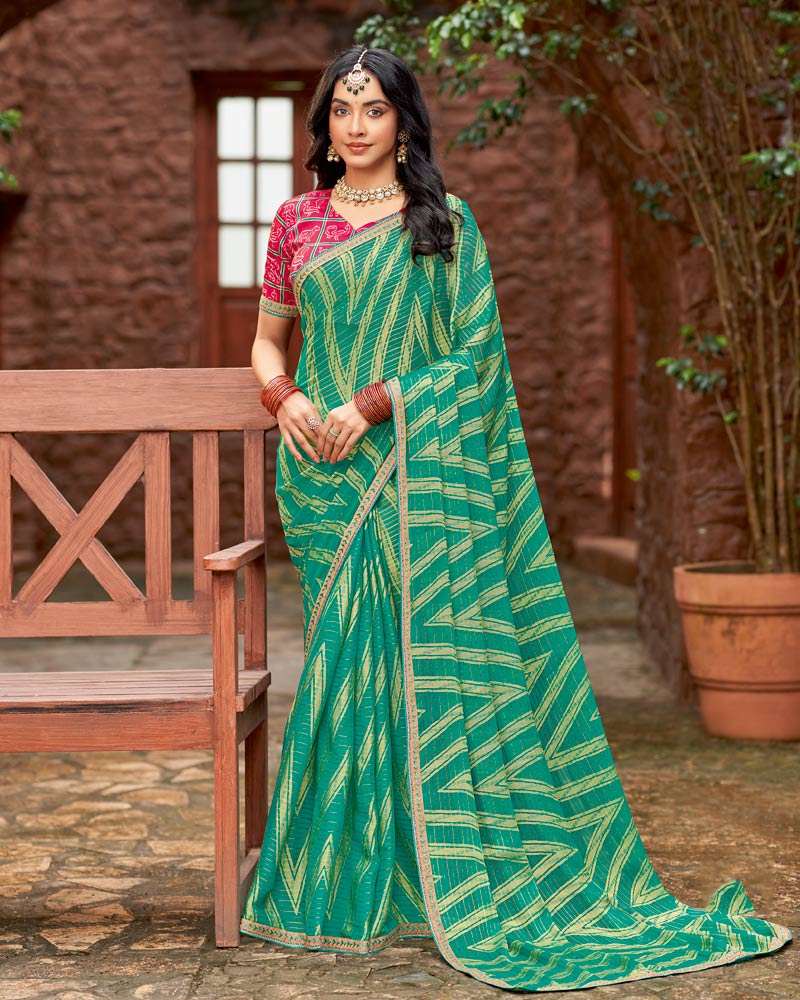 Vishal Prints Deep Sea Green Designer Zari-Brasso Saree With Fancy Embroidery-Gota Patti Border