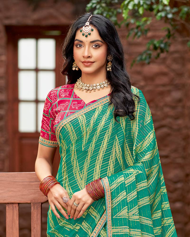 Vishal Prints Deep Sea Green Designer Zari-Brasso Saree With Fancy Embroidery-Gota Patti Border