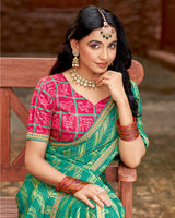 Vishal Prints Deep Sea Green Designer Zari-Brasso Saree With Fancy Embroidery-Gota Patti Border