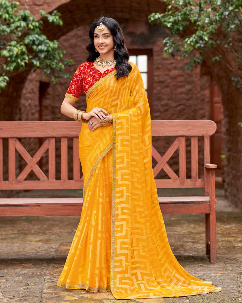 Vishal Prints Carrot Orange Designer Zari-Brasso Saree With Fancy Embroidery-Gota Patti Border