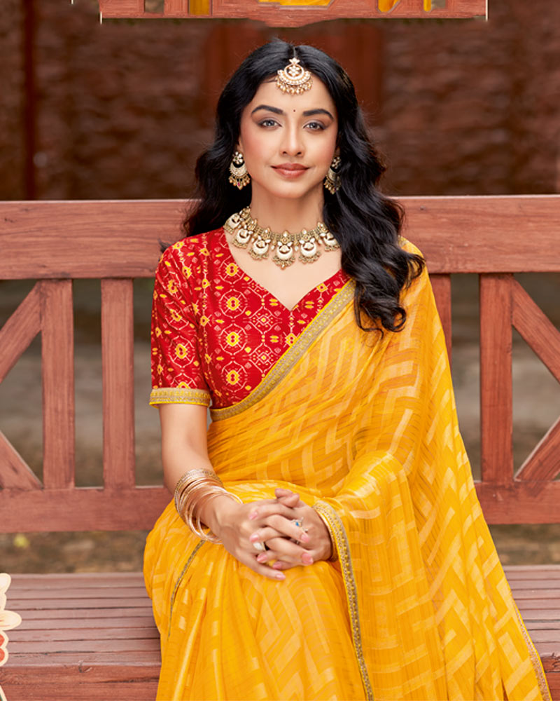Vishal Prints Carrot Orange Designer Zari-Brasso Saree With Fancy Embroidery-Gota Patti Border